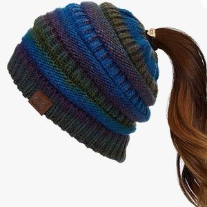 C.C. Blue, green and purple messy-bun/ponytail beanie